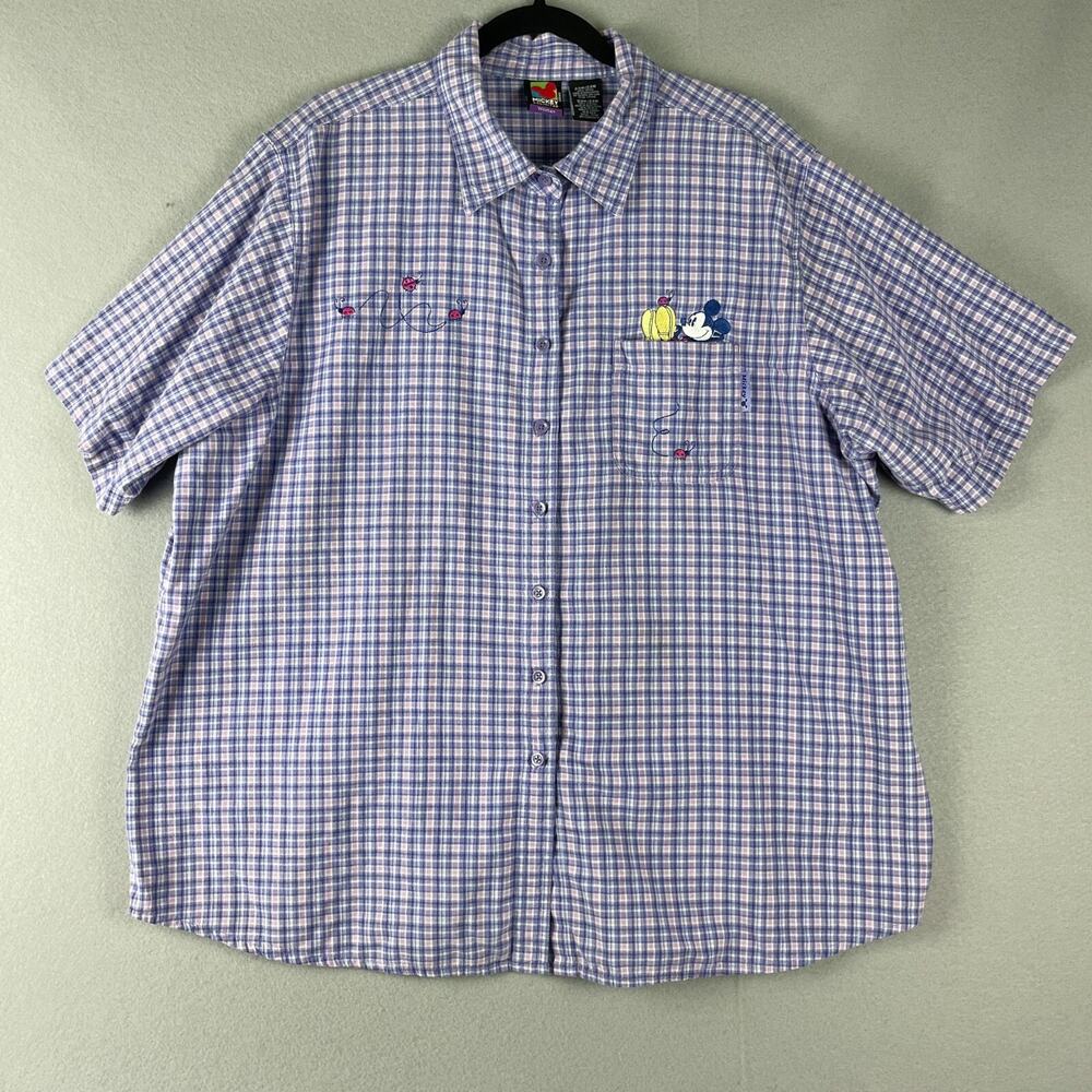 Disney‎ Mickey Unlimited Top Womens 22W 24W Purple Plaid Button Up Embroidered